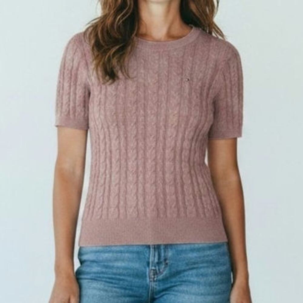 Tommy Hilfiger Cable Knit Short Sleeve Sweater Pink Womens S